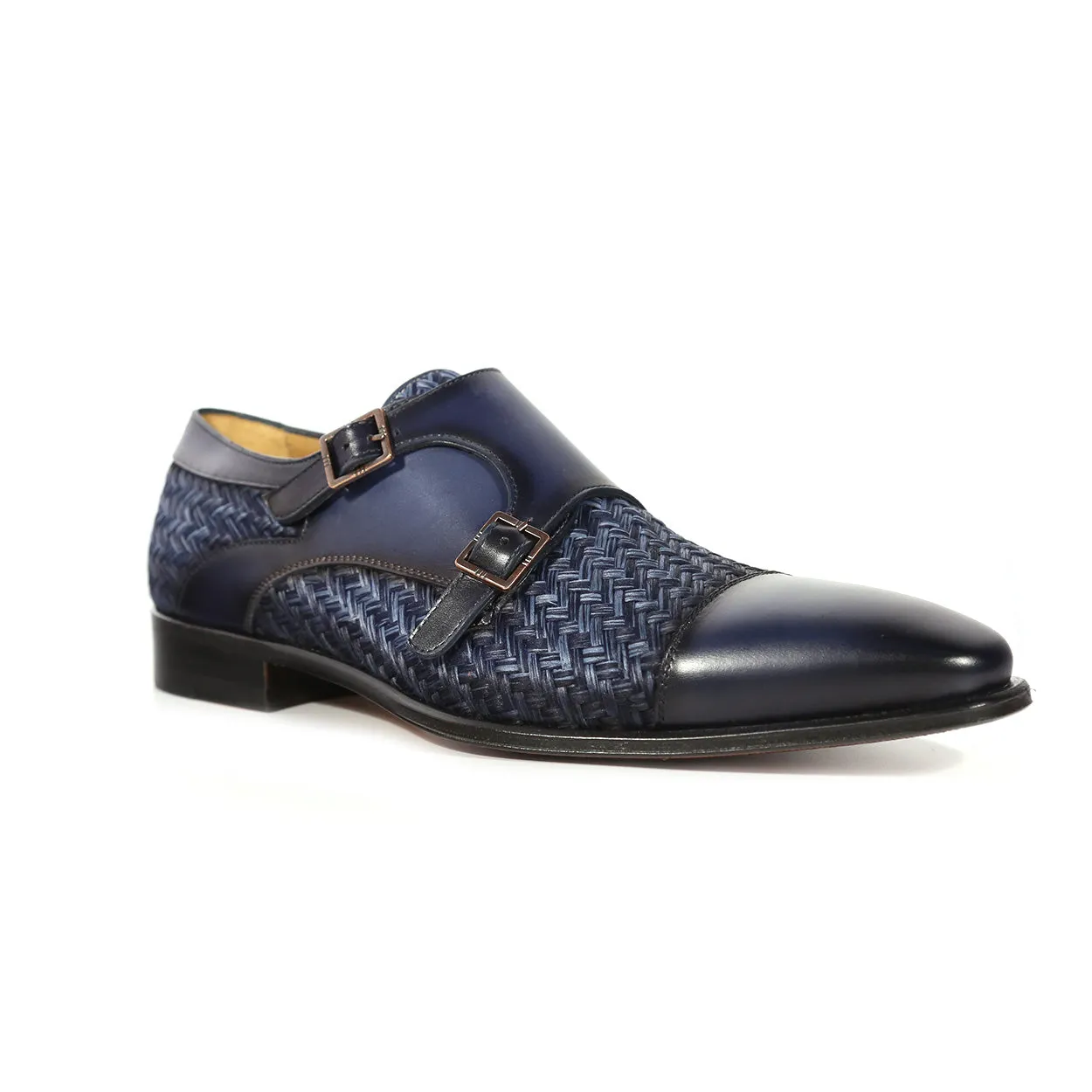 Mezlan Palomar 20688 Men's Shoes Blue Fabric / Calf-Skin Leather Dress/ Formal Monk-Straps Loafers (MZS3623)