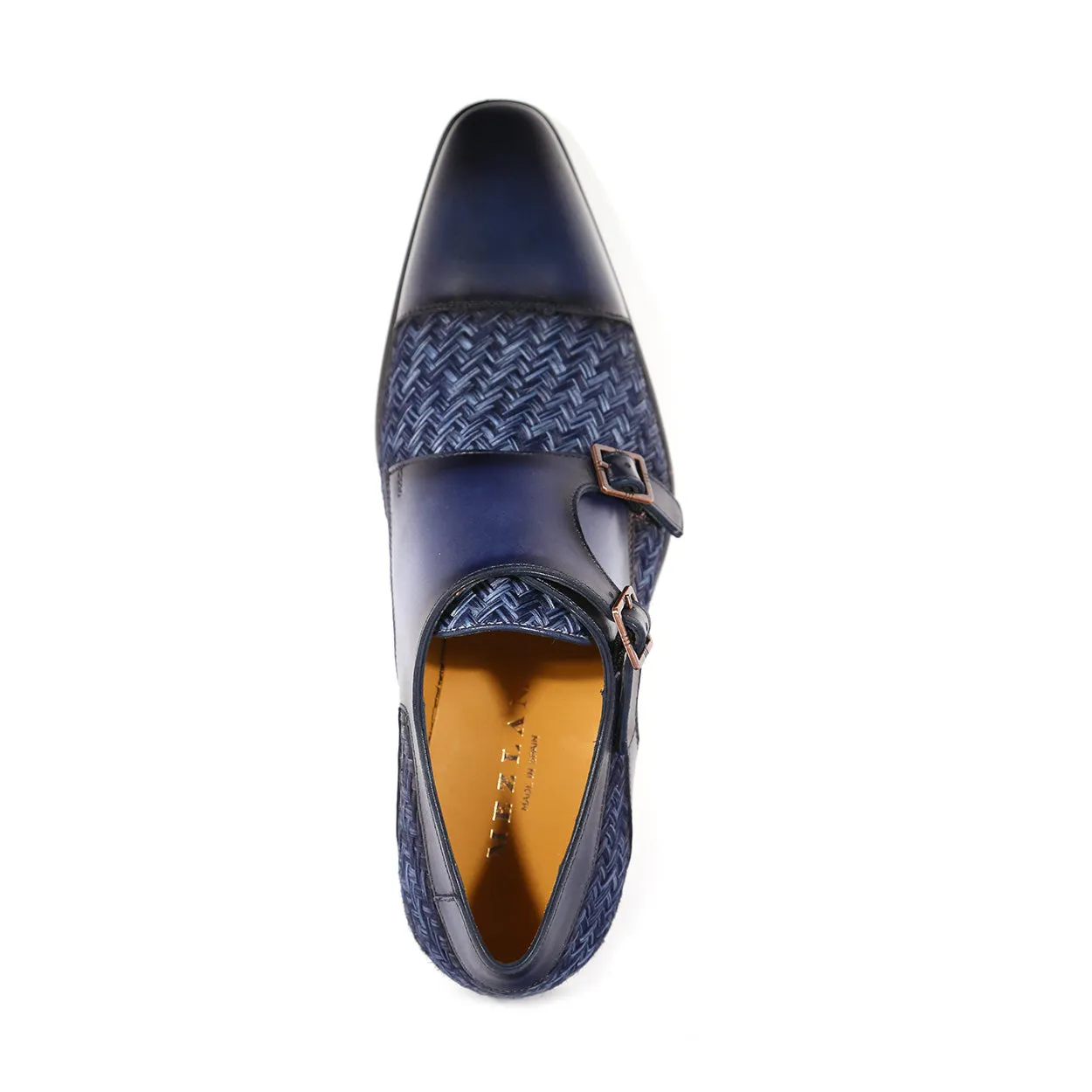 Mezlan Palomar 20688 Men's Shoes Blue Fabric / Calf-Skin Leather Dress/ Formal Monk-Straps Loafers (MZS3623)