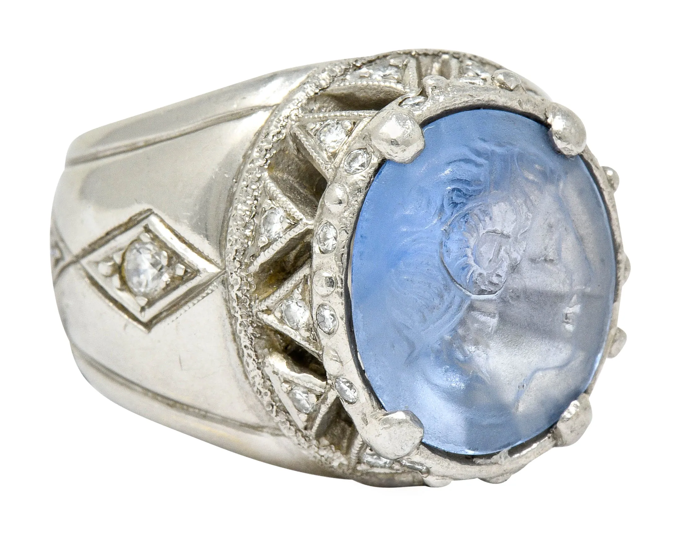 Neoclassical Sapphire Platinum Zeus Ammon Cameo Men's Antique Ring