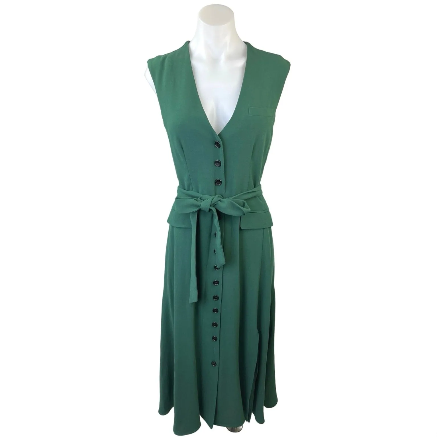 NEW Argent Vest Emerald Green Sleeveless Button Down Tie Belt Midi Maxi Dress 4