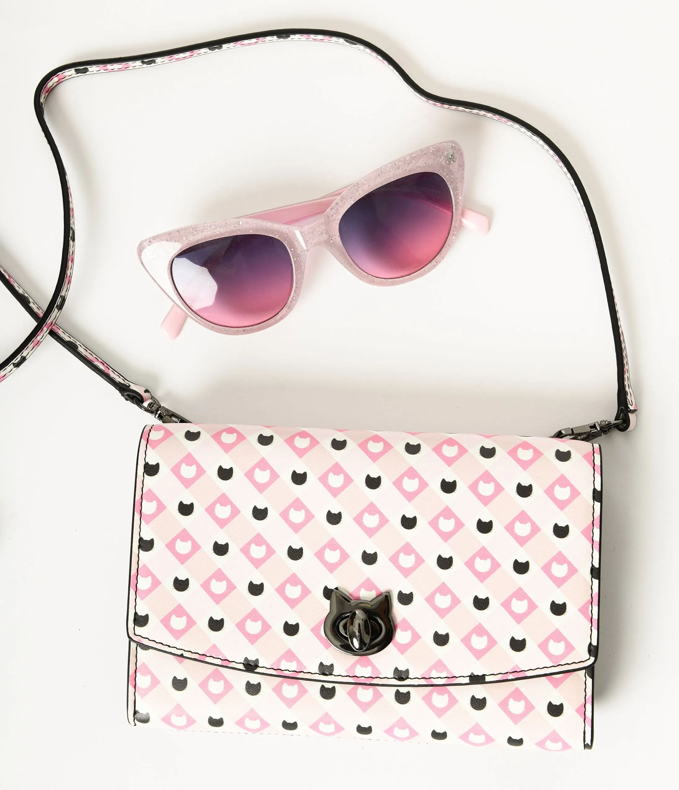 Pink & White Gingham Cat Crossbody Wallet