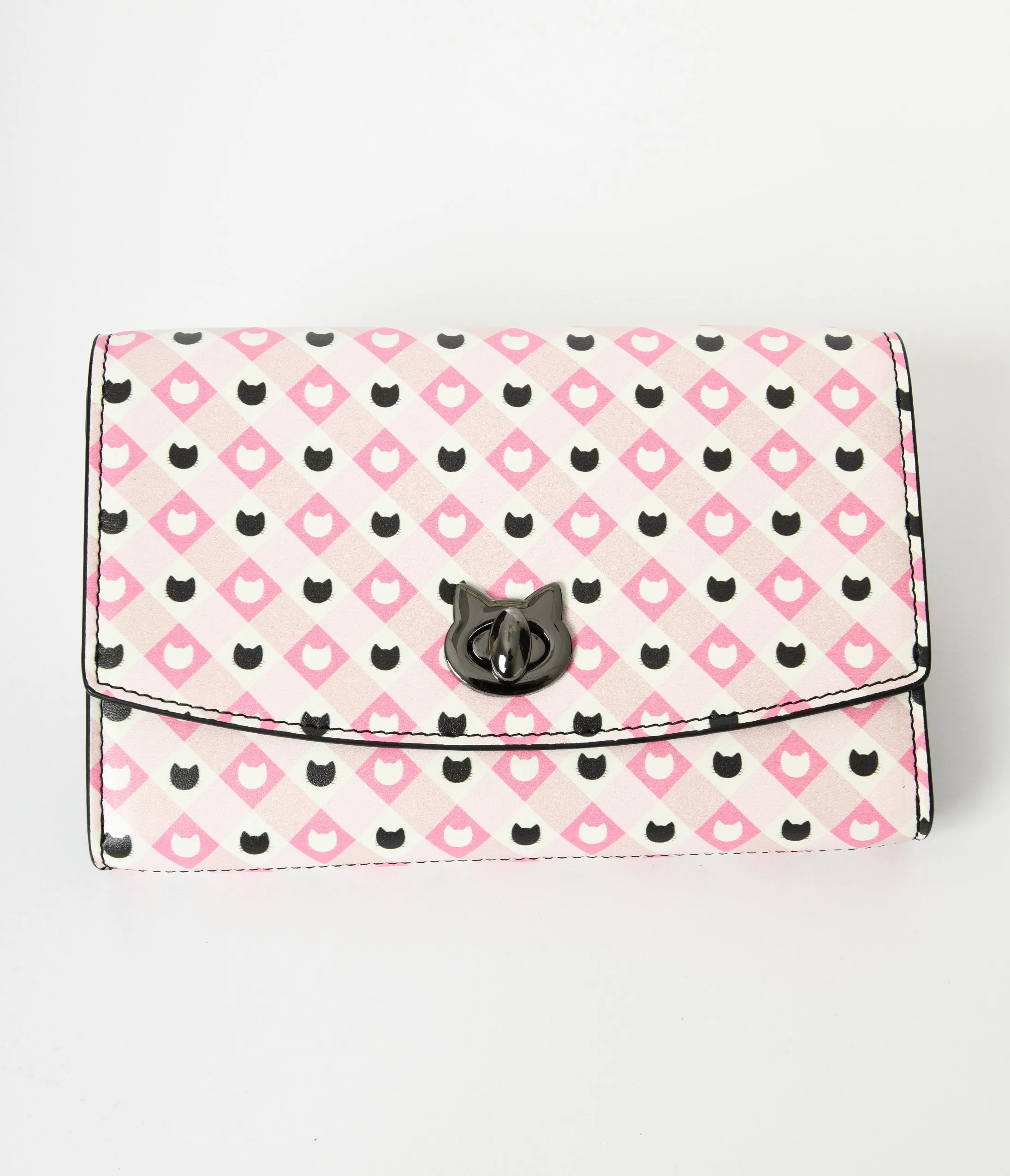 Pink & White Gingham Cat Crossbody Wallet