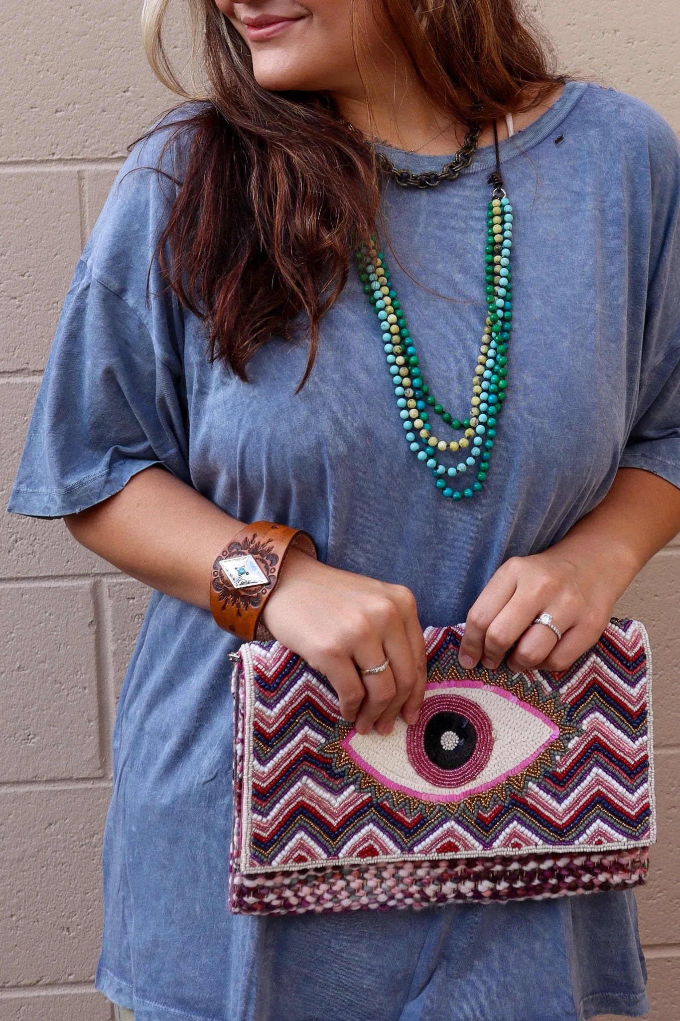 Pink Evil Eye Embroidered Accent Clutch