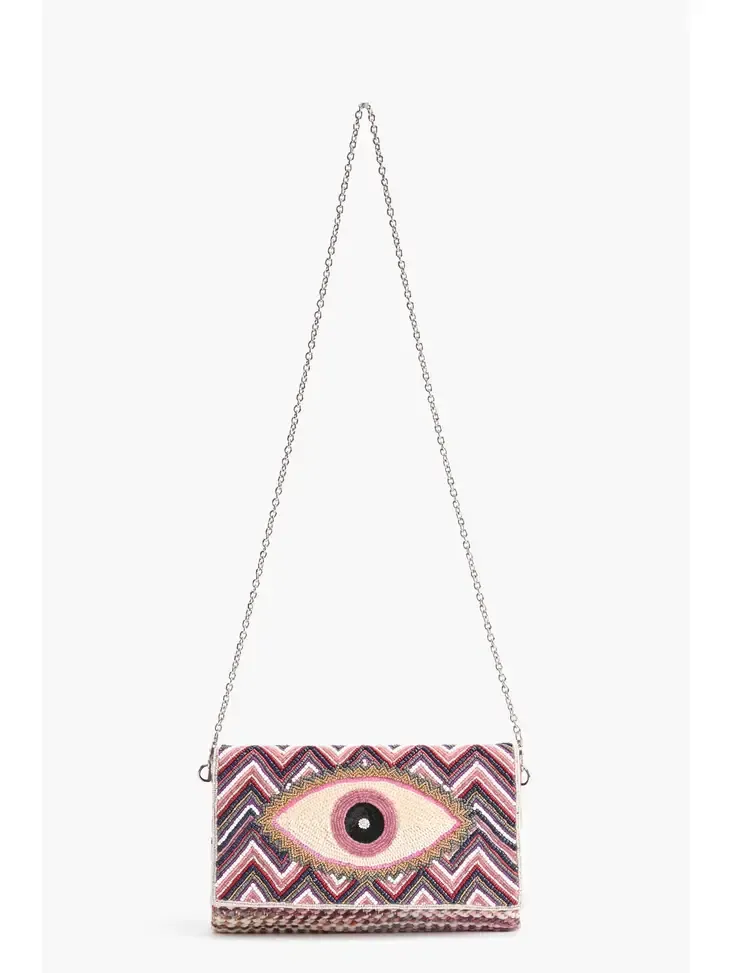 Pink Evil Eye Embroidered Accent Clutch