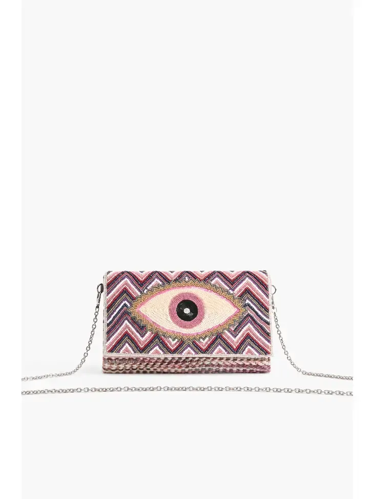 Pink Evil Eye Embroidered Accent Clutch