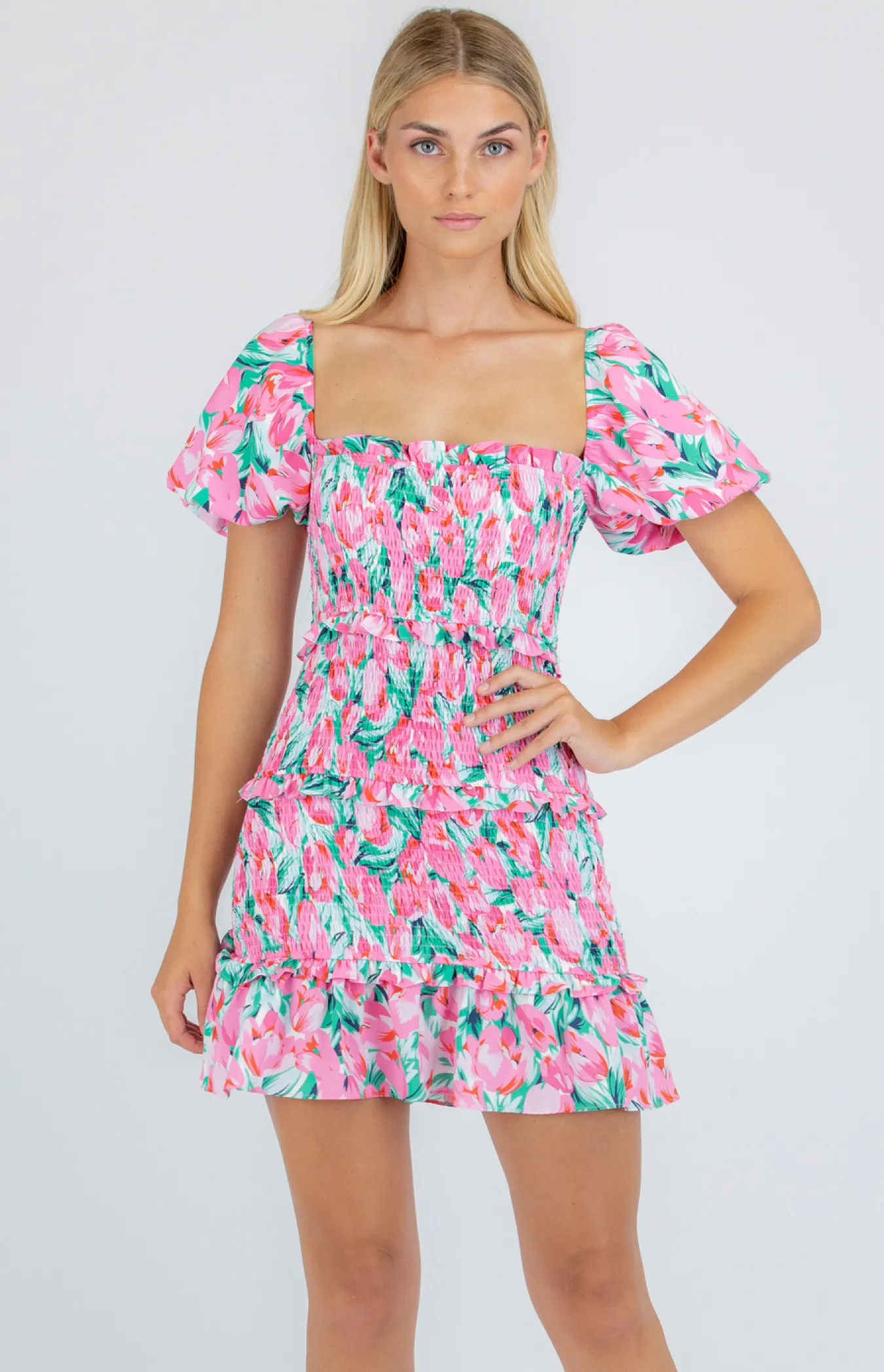 Printed Shirred Mini Dress with Frill Tier Details (WDR273A)