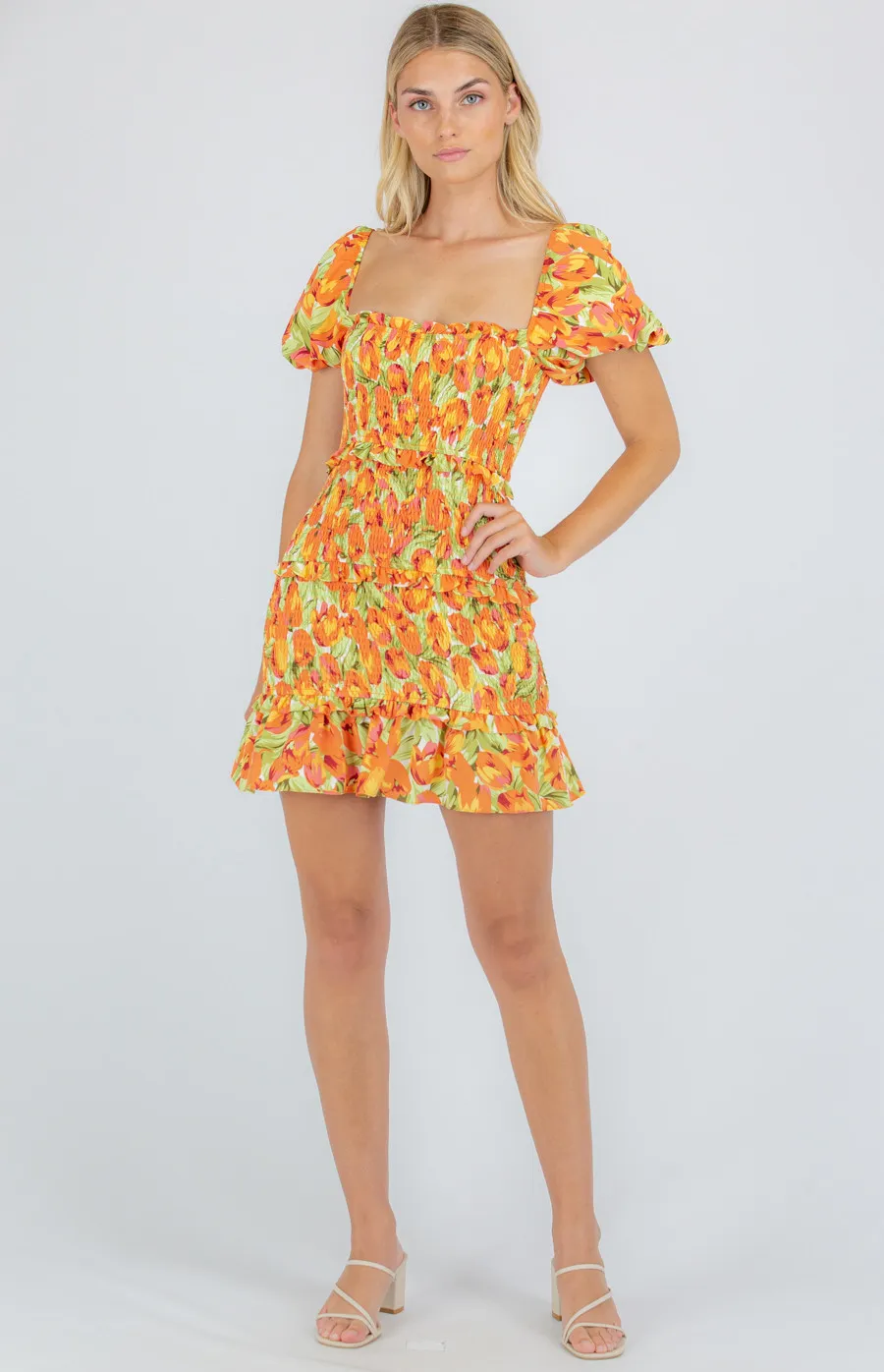 Printed Shirred Mini Dress with Frill Tier Details (WDR273A)