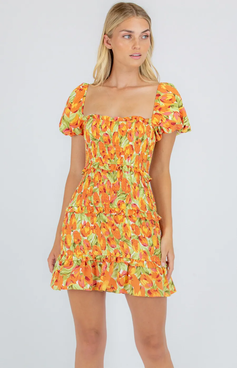 Printed Shirred Mini Dress with Frill Tier Details (WDR273A)