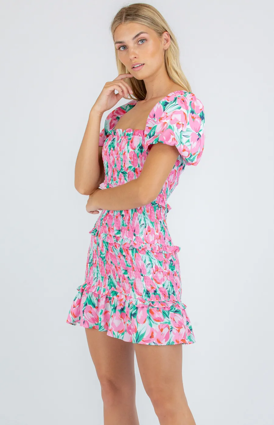 Printed Shirred Mini Dress with Frill Tier Details (WDR273A)