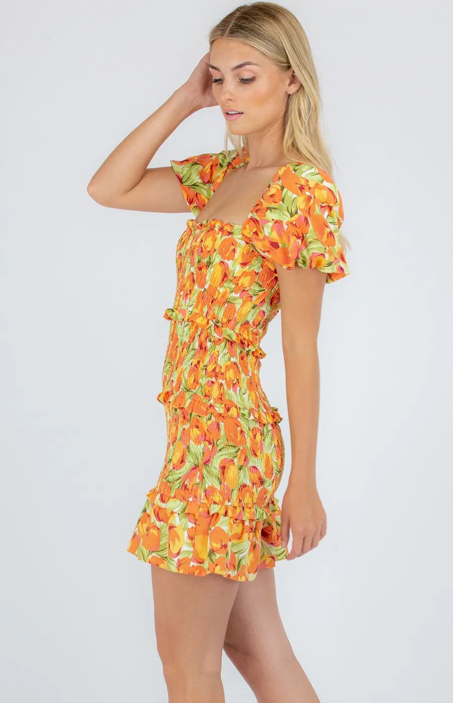 Printed Shirred Mini Dress with Frill Tier Details (WDR273A)