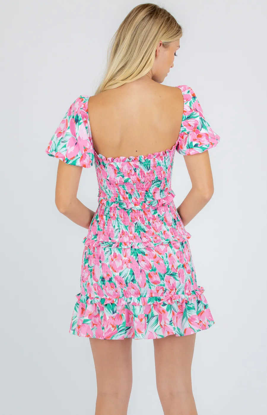 Printed Shirred Mini Dress with Frill Tier Details (WDR273A)