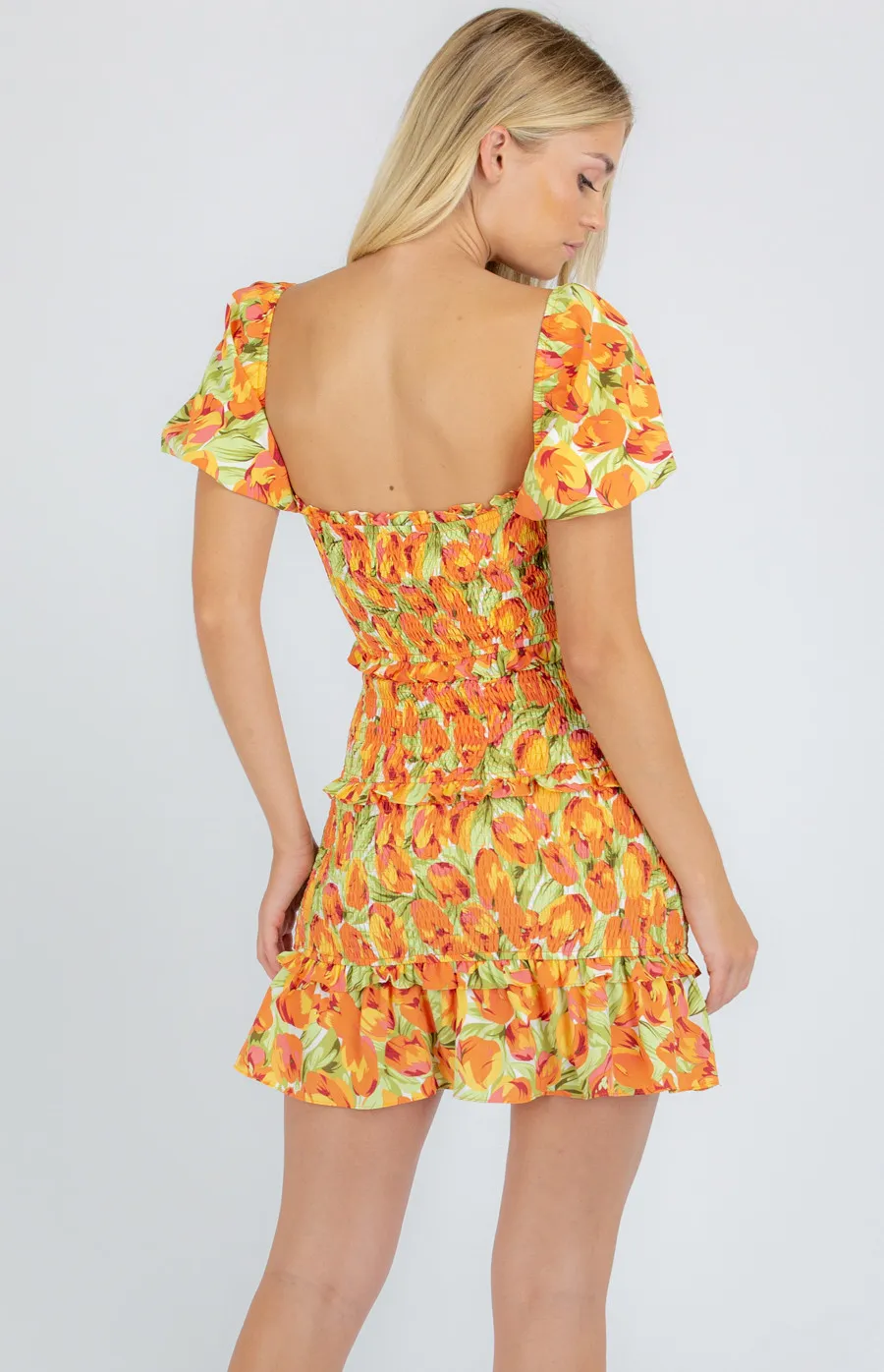 Printed Shirred Mini Dress with Frill Tier Details (WDR273A)