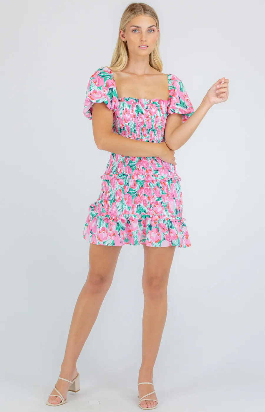 Printed Shirred Mini Dress with Frill Tier Details (WDR273A)