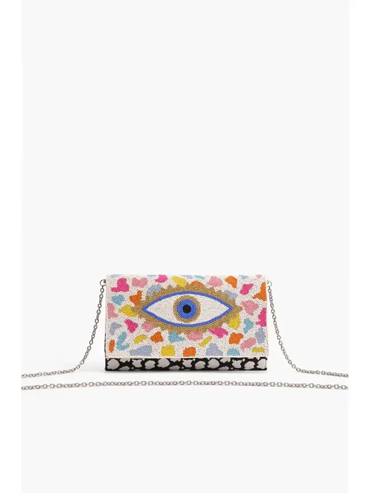 Rainbow Evil Eye Embroidered Accent Clutch