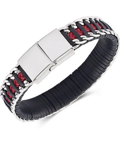 Rhona Sutton Black Red Leather with Chain Stainless Steel Bracelet