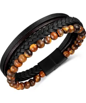 Rhona Sutton Black Tigers Eye Weaved Leather Stainless Steel Bracelet