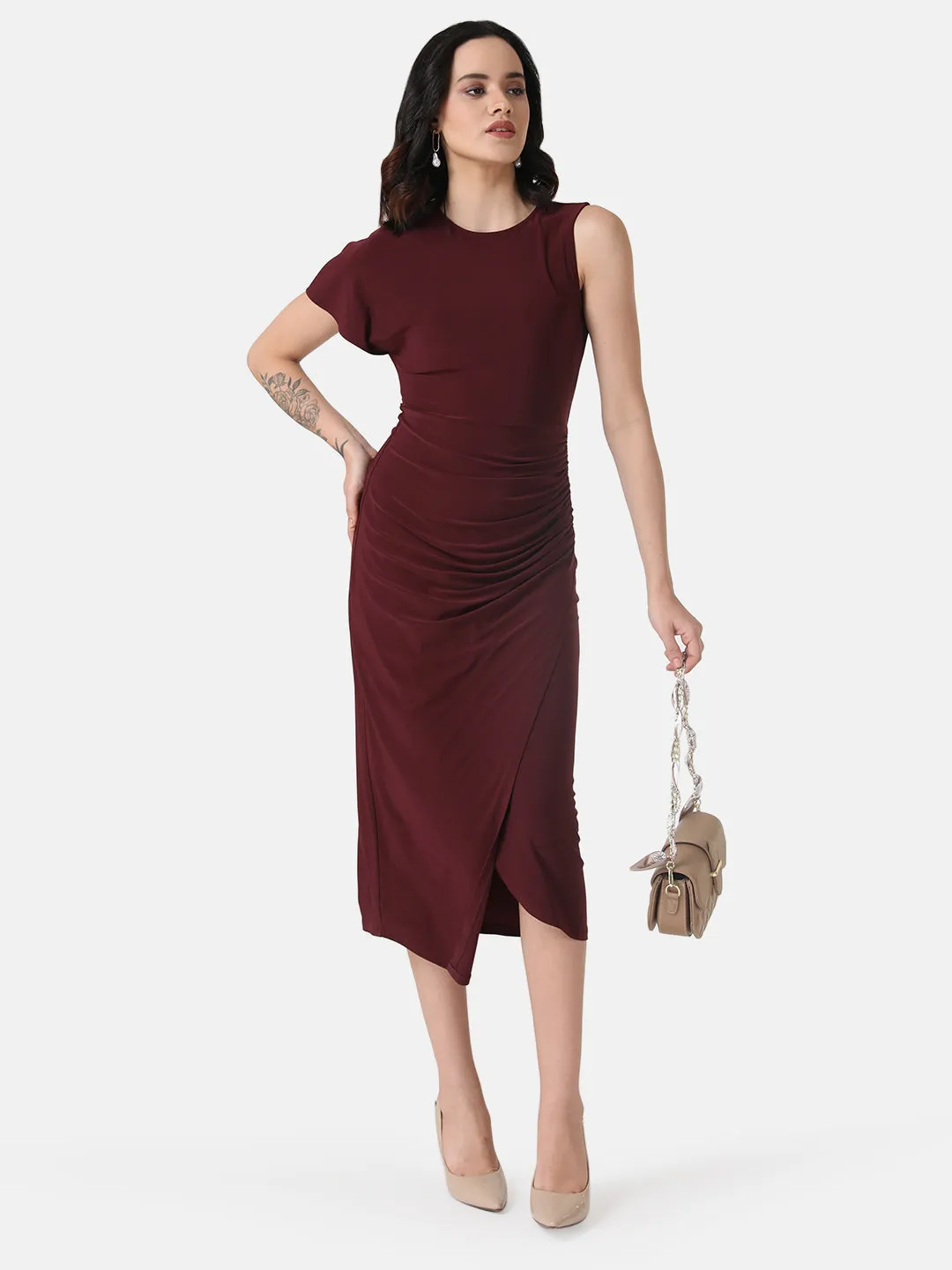 Ruched Asymmetric Midi Dress