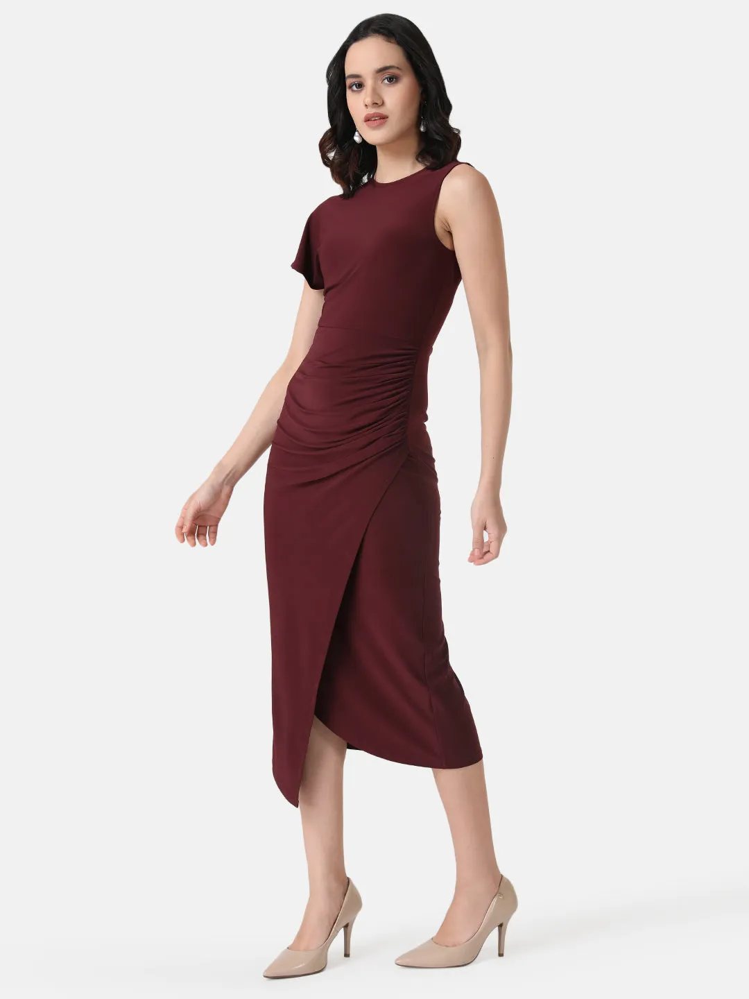 Ruched Asymmetric Midi Dress