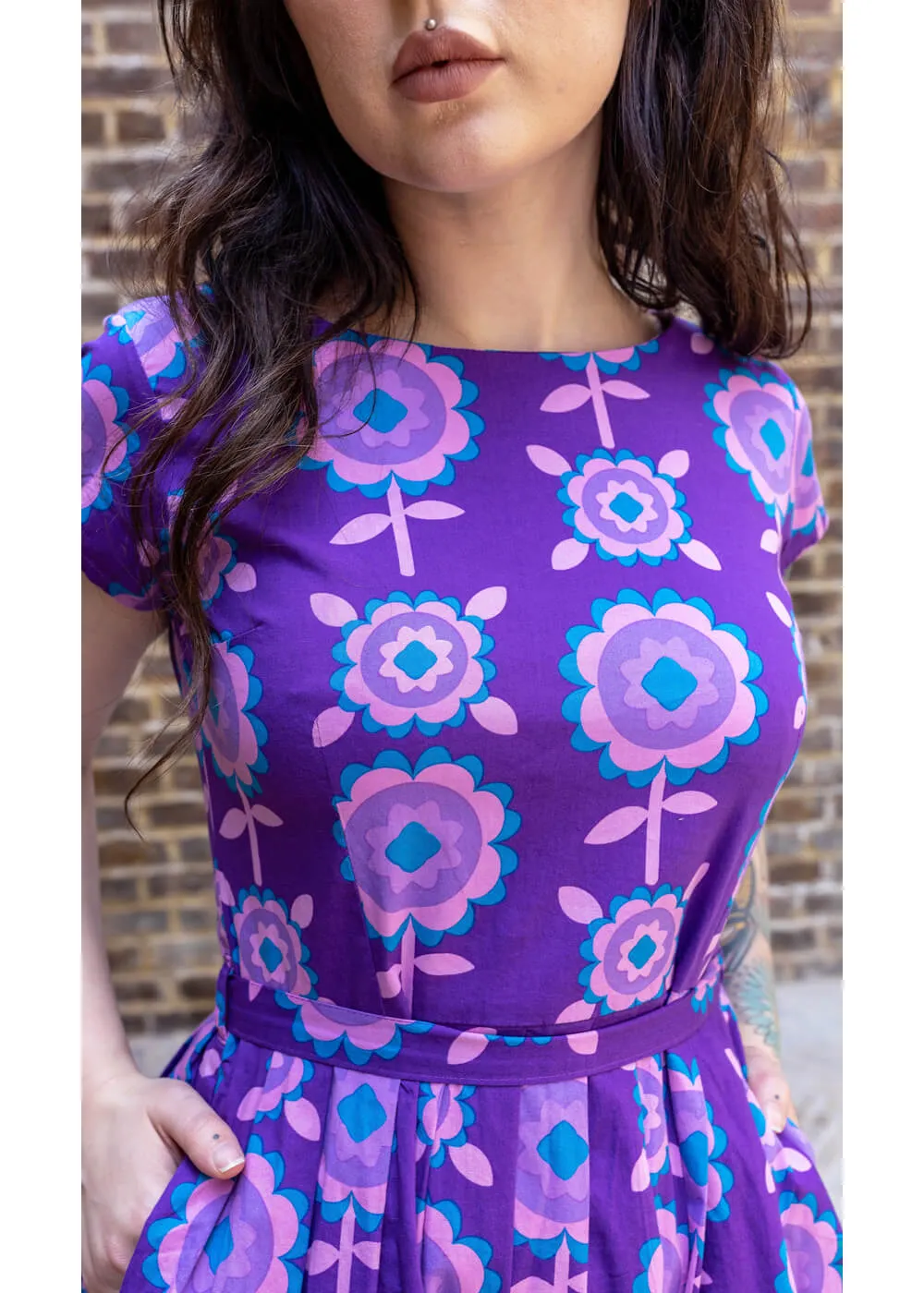 Run & Fly Retro Floral 70's A-Line Dress Purple