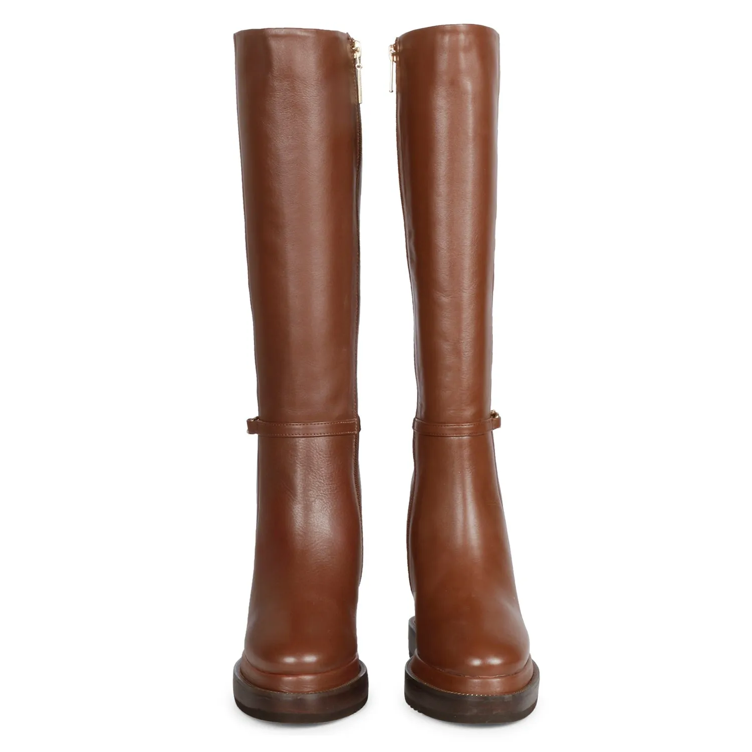 Saint Audrey Chain Décor Tan Leather Inside Wedge Heel Long Boots