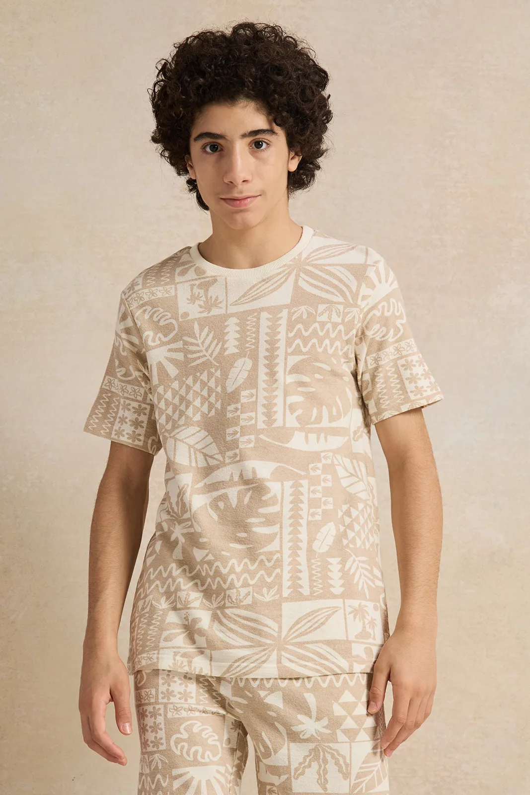 Senior Boys Beige Jacquard Casual Set (2 Piece)