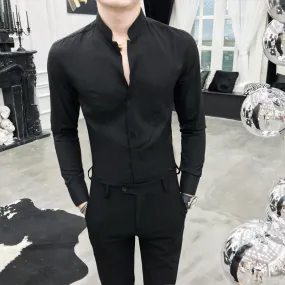 Sexy Solid Polyester Stand Collar Slim Fit Long Sleeve Shirt for Men