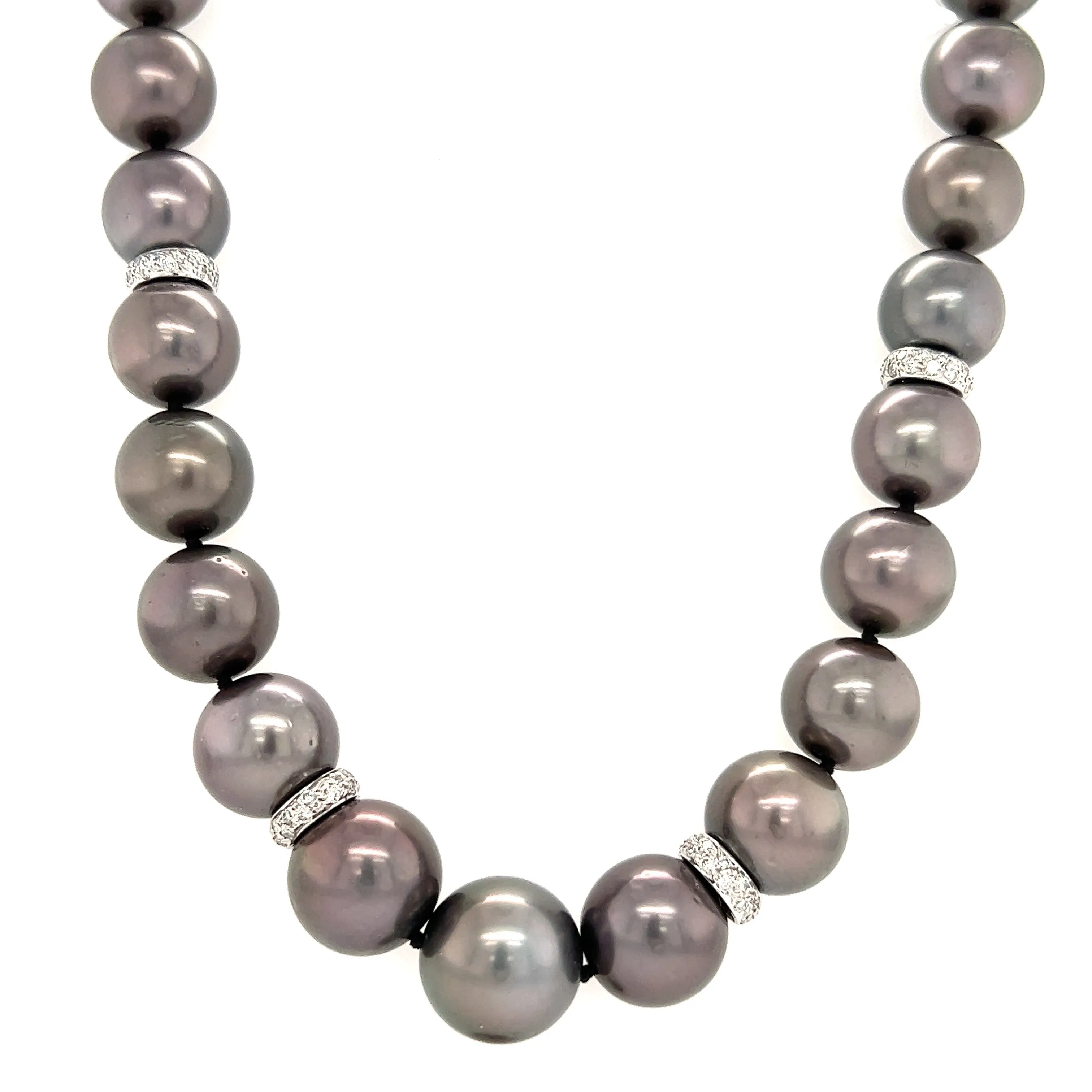 Tahitian Black Pearl Necklace with Four Diamond Rondelle and 14K White Gold Catch