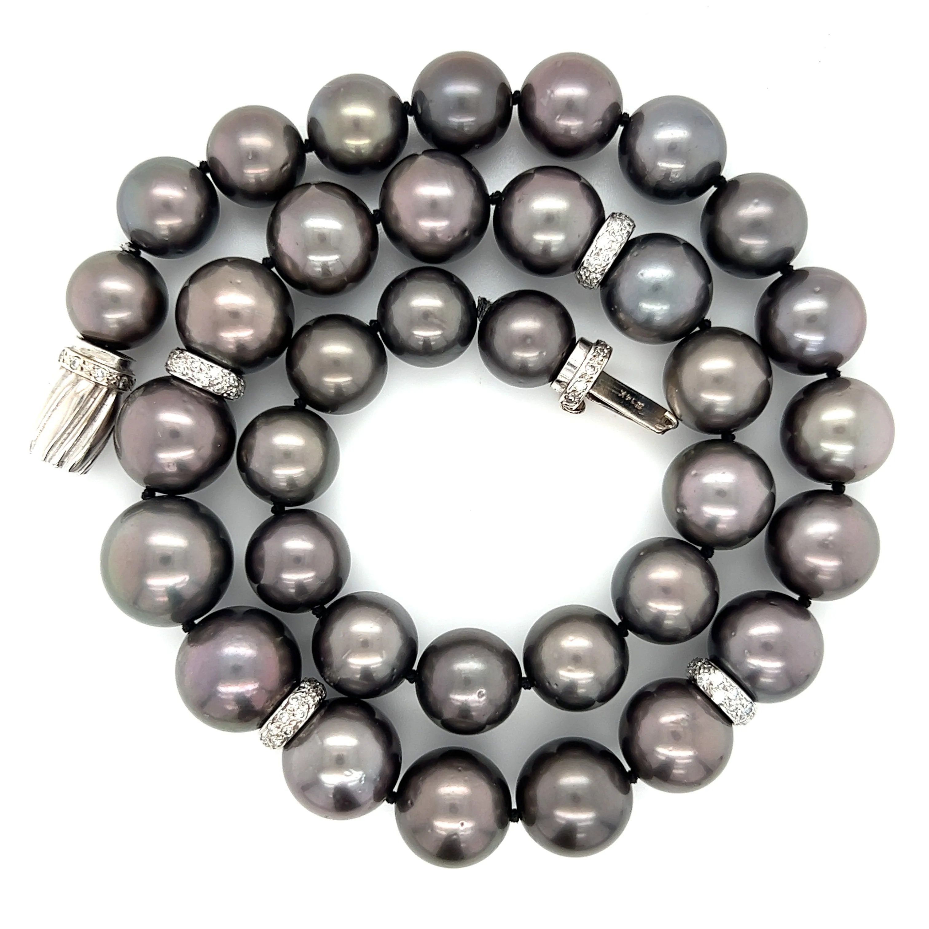 Tahitian Black Pearl Necklace with Four Diamond Rondelle and 14K White Gold Catch