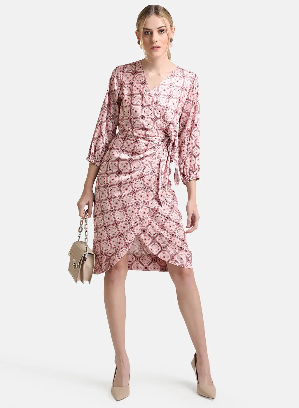 Tie Knot Deatil Satin Printed Dress