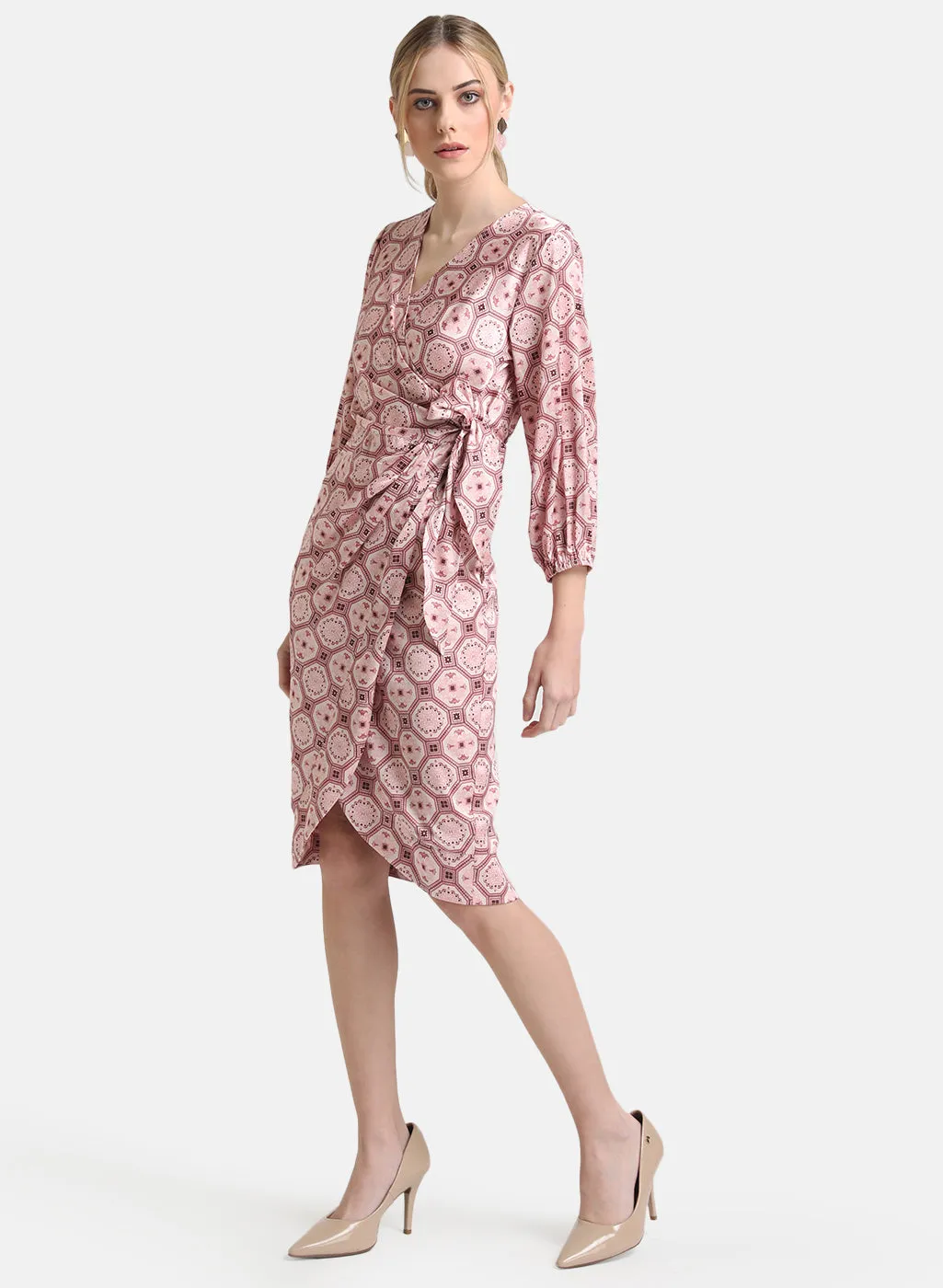 Tie Knot Deatil Satin Printed Dress