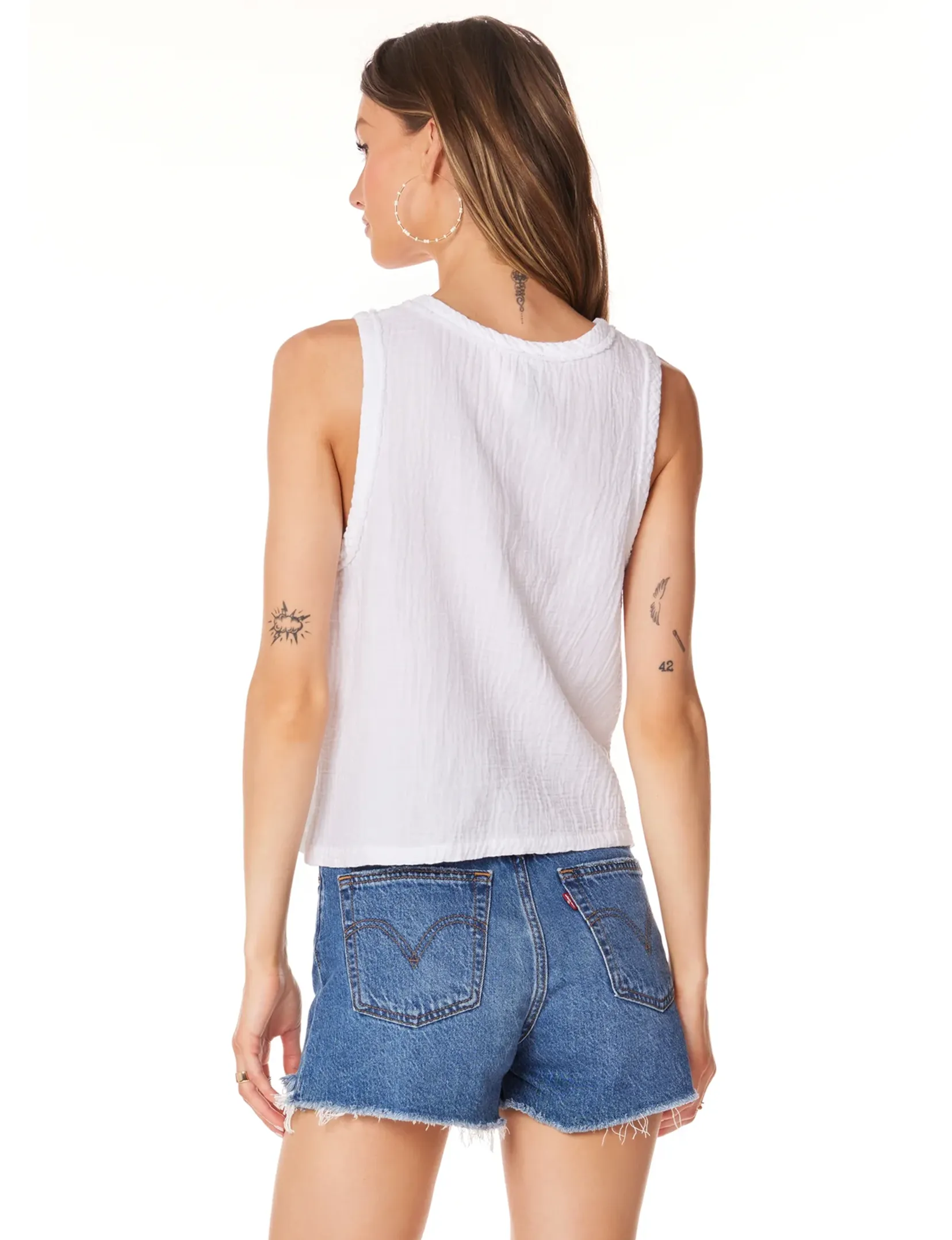 V-Neck Raw Edge Tank, White