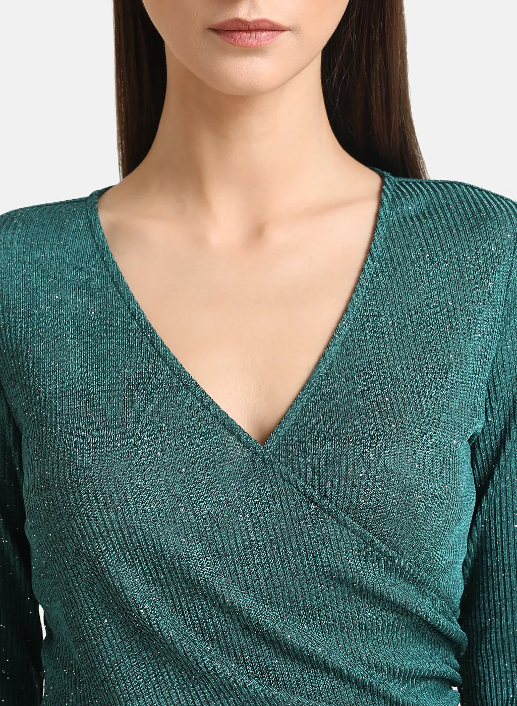 V Neck Sequin Rib Wrap Top