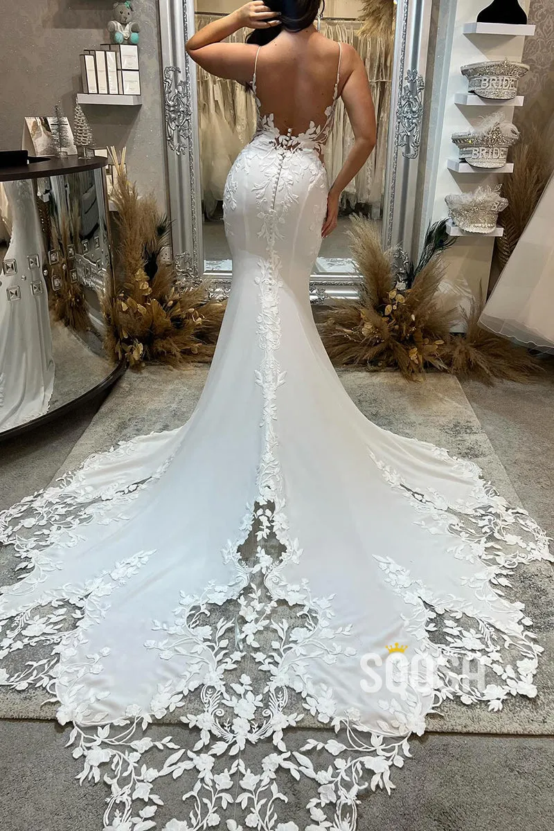 V-Neck Spaghetti Straps Illuion Appliques With Train Wedding Dress QW8158