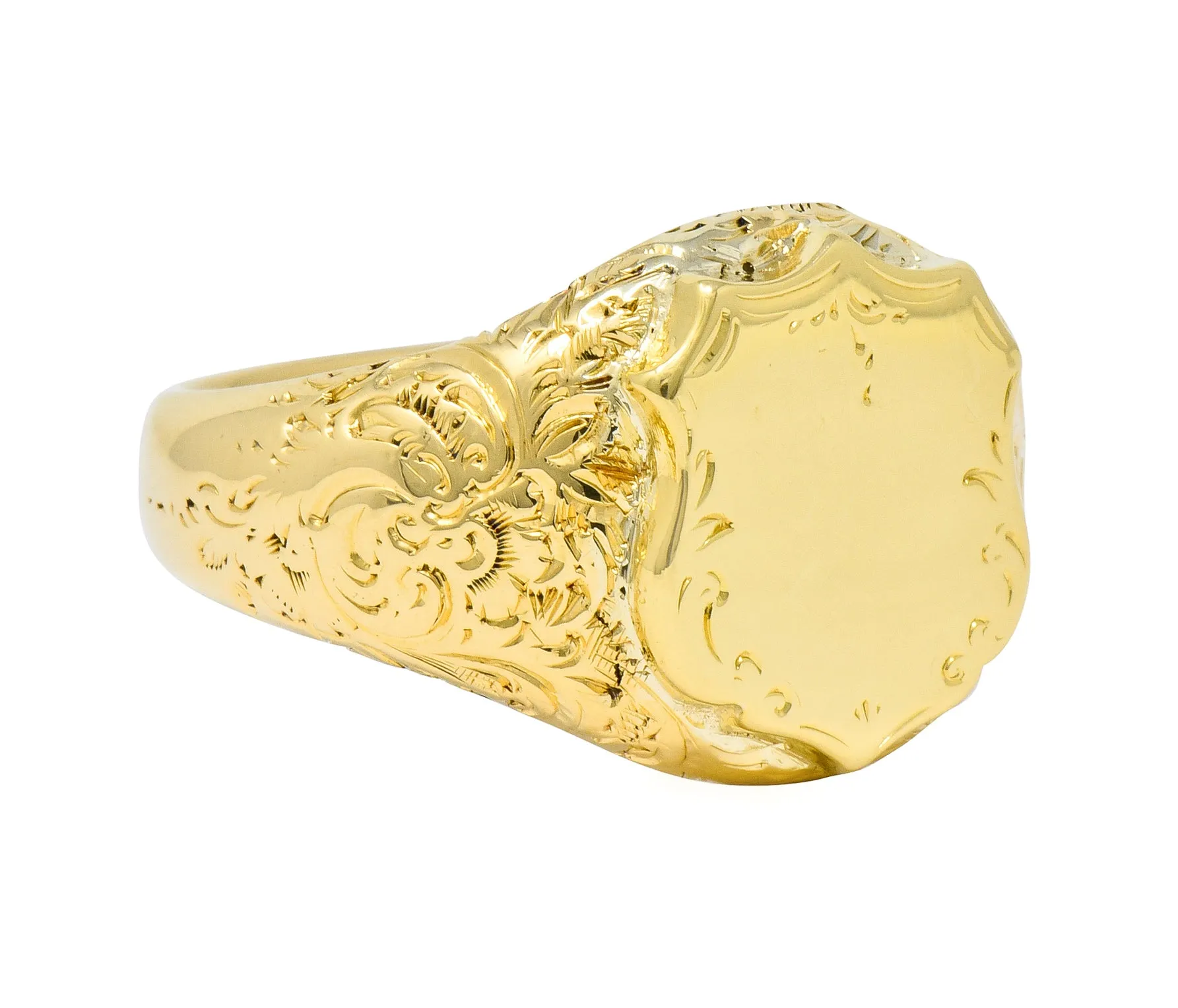 Victorian 18 Karat Yellow Gold Unisex Floral Shield Unisex Signet Ring