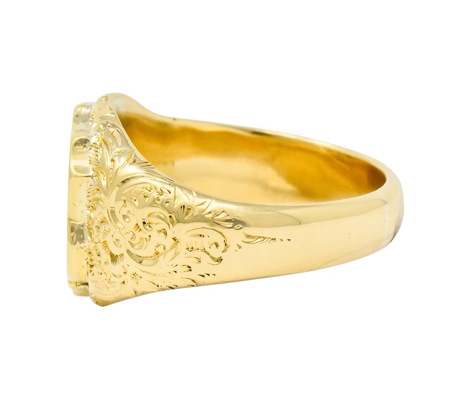 Victorian 18 Karat Yellow Gold Unisex Floral Shield Unisex Signet Ring