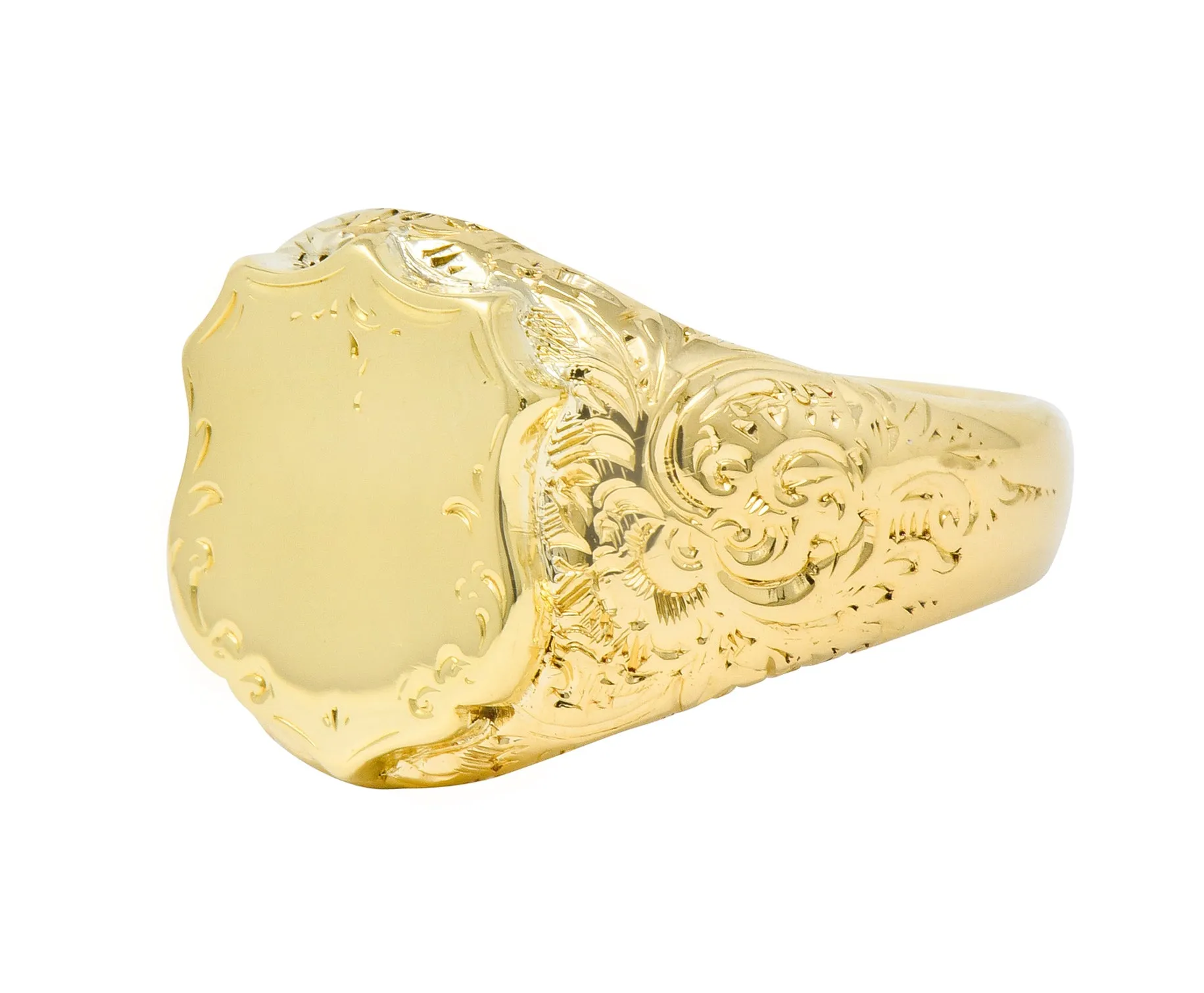 Victorian 18 Karat Yellow Gold Unisex Floral Shield Unisex Signet Ring