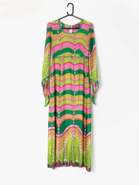 Vintage 1970s Pucci-inspired maxi dress with angel wing sleeves in gorgeous pinks and greens – UK 6 / 8