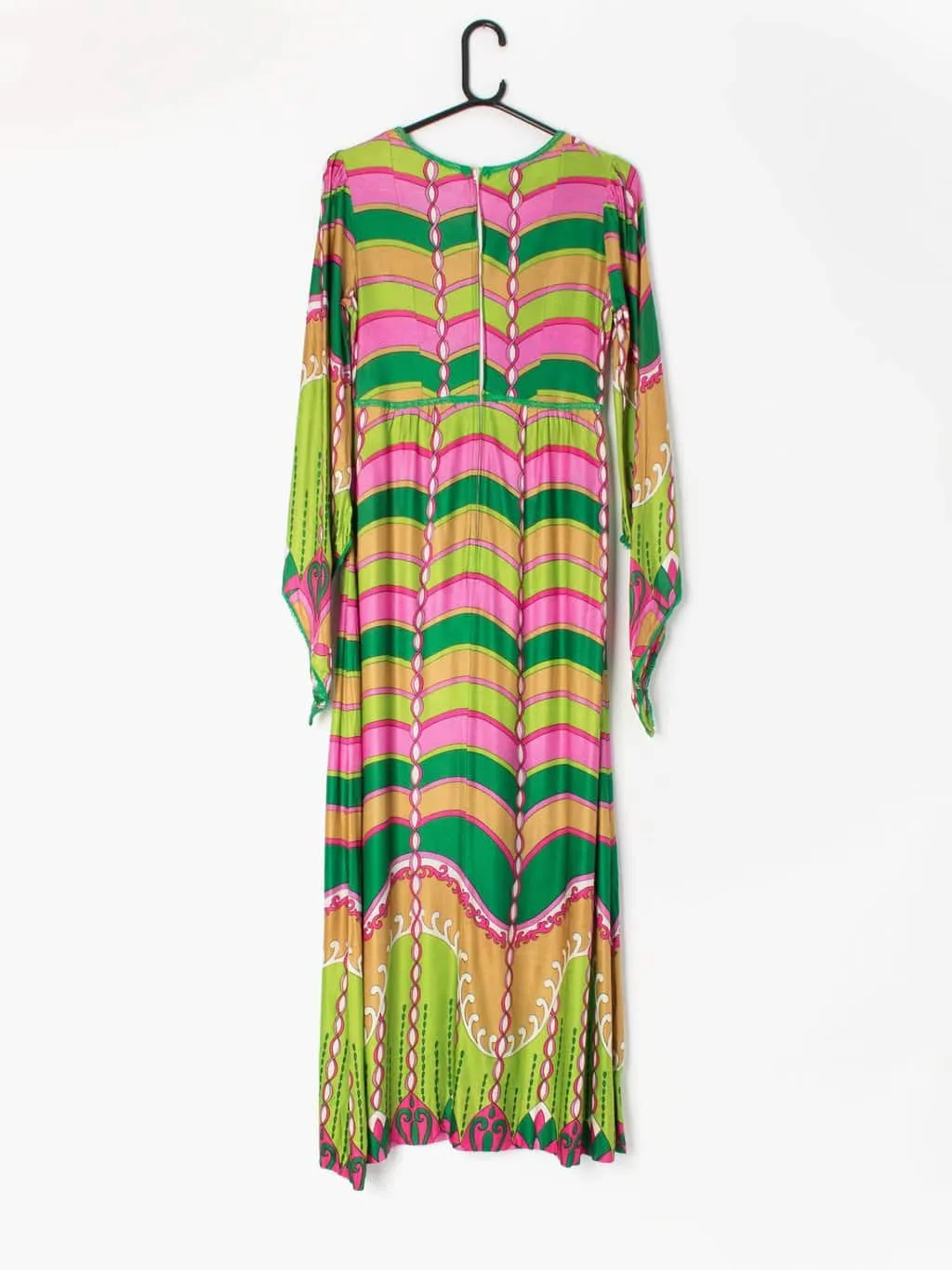 Vintage 1970s Pucci-inspired maxi dress with angel wing sleeves in gorgeous pinks and greens – UK 6 / 8