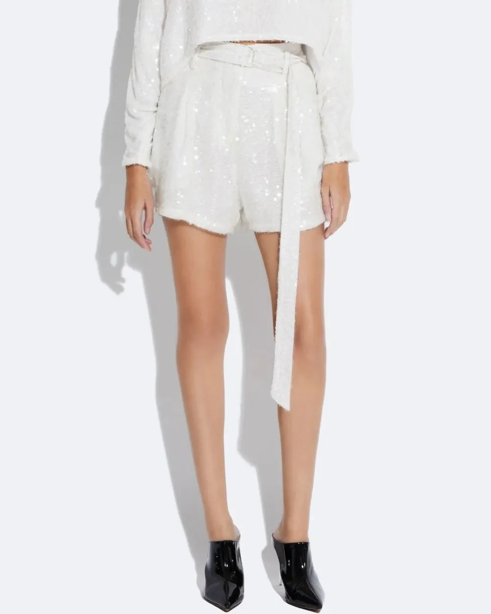 White Sequin Belted Short