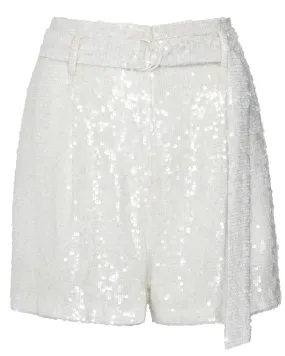 White Sequin Belted Short