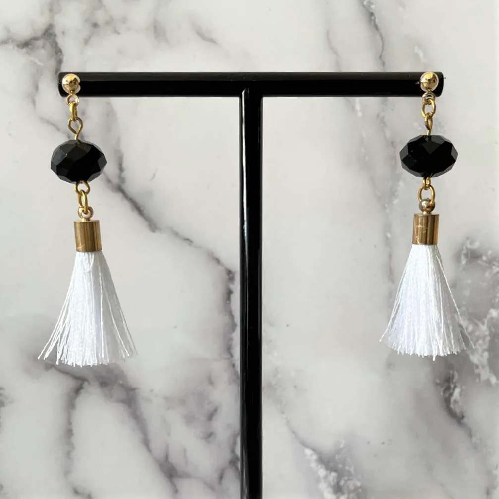 White Tassel and Black Crystal Post Earrings