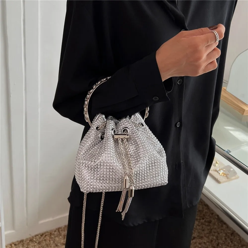 Women's Diamond Tassel Decor Ring Handle Small Bucket Party Handbag