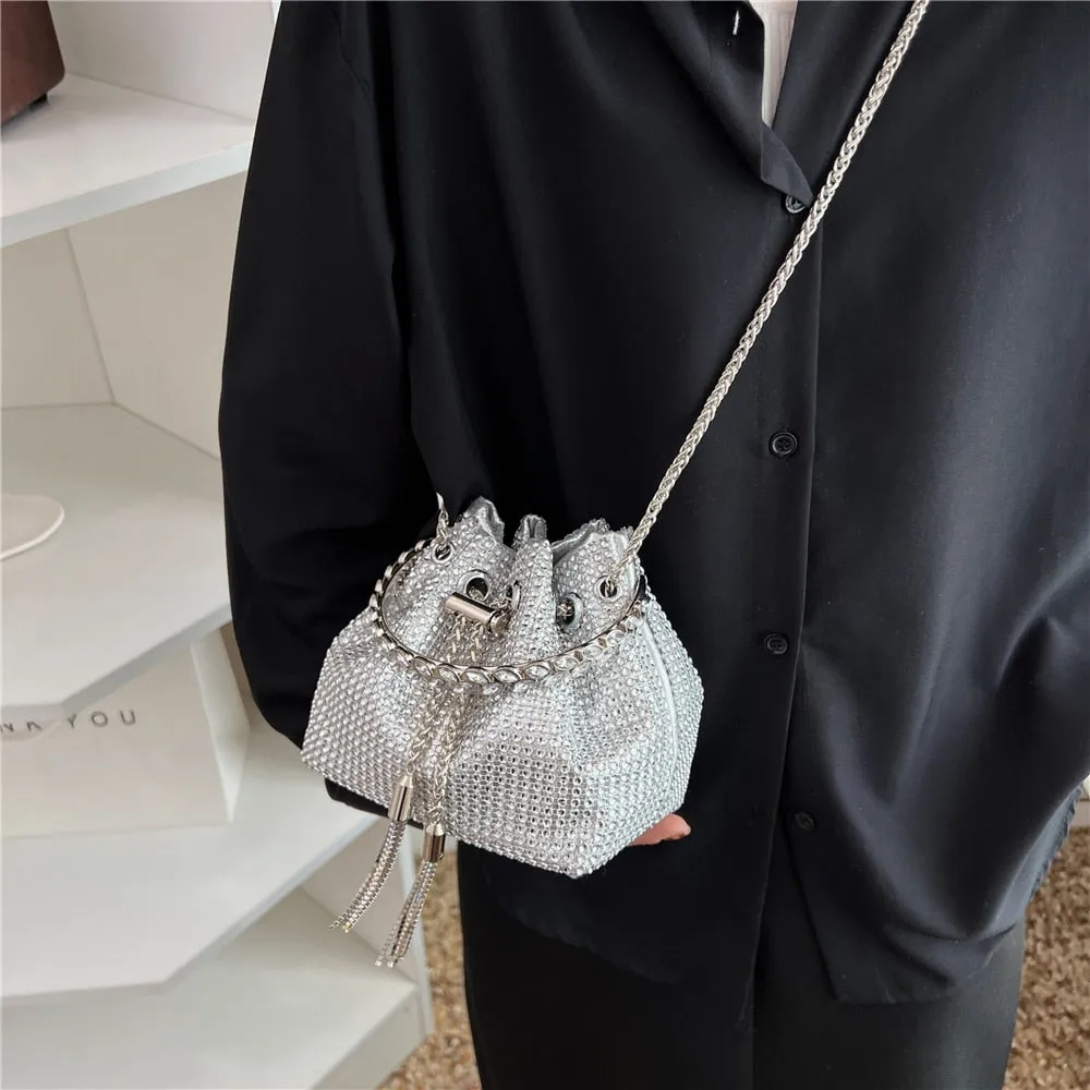 Women's Diamond Tassel Decor Ring Handle Small Bucket Party Handbag