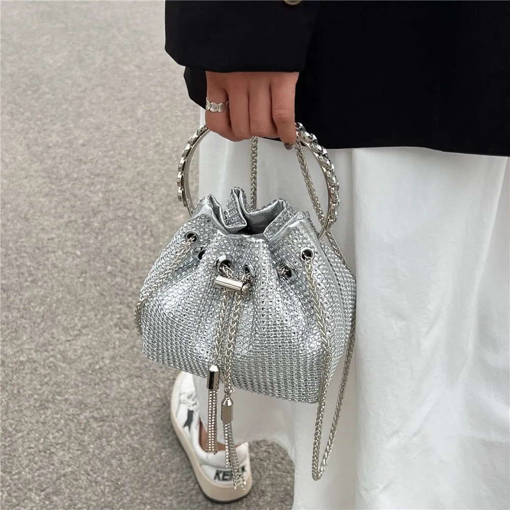 Women's Diamond Tassel Decor Ring Handle Small Bucket Party Handbag