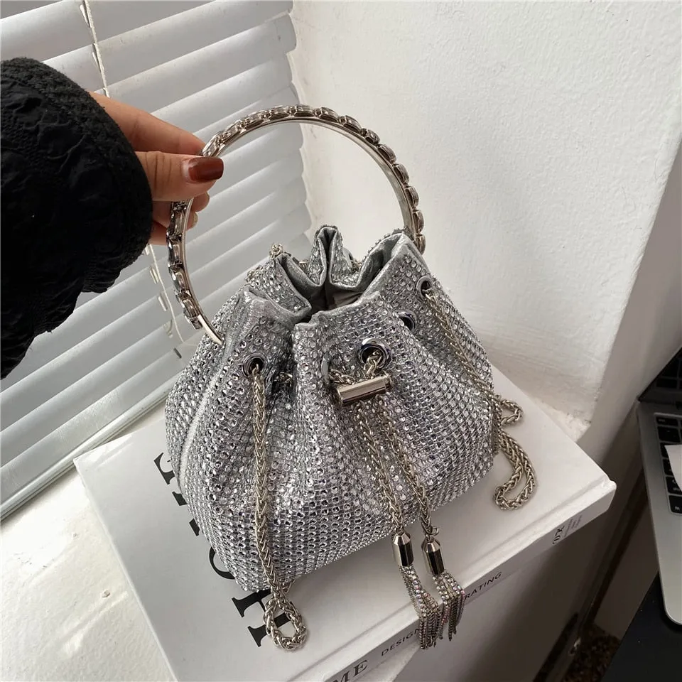 Women's Diamond Tassel Decor Ring Handle Small Bucket Party Handbag