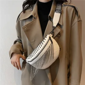 Women's Fashion Designer Wide Strap Tassel Rivet Chest Crossbody Bag