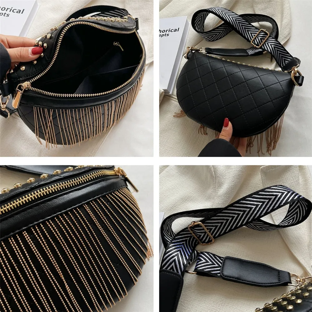 Women's Fashion Designer Wide Strap Tassel Rivet Chest Crossbody Bag