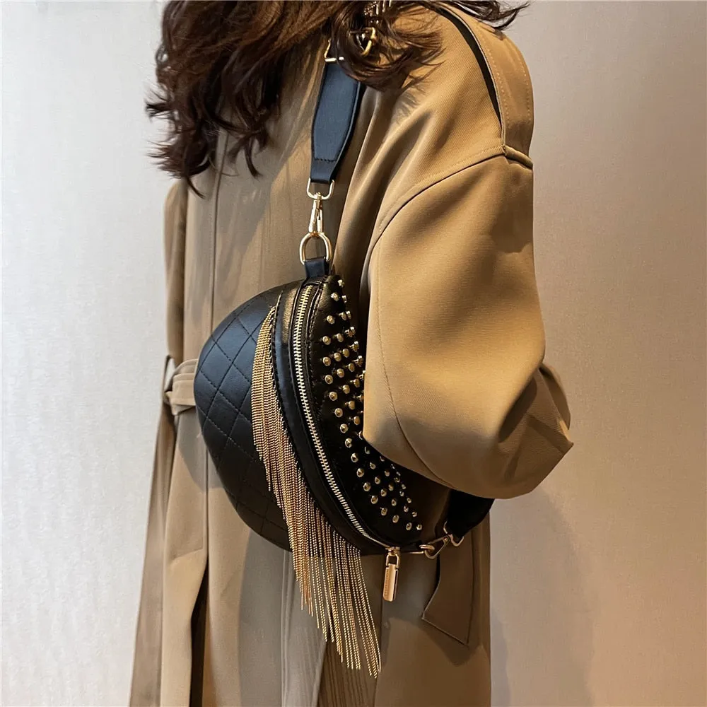 Women's Fashion Designer Wide Strap Tassel Rivet Chest Crossbody Bag