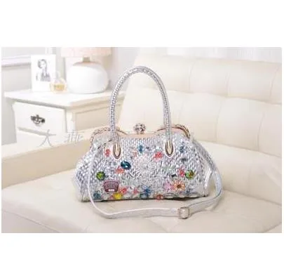 Women's Oblique Color Diamond Drill Rhinestone Clip Lock Shoulder Handbag