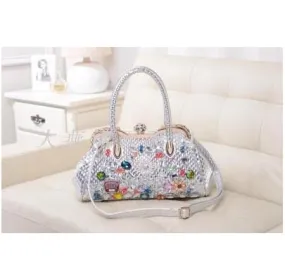 Women's Oblique Color Diamond Drill Rhinestone Clip Lock Shoulder Handbag